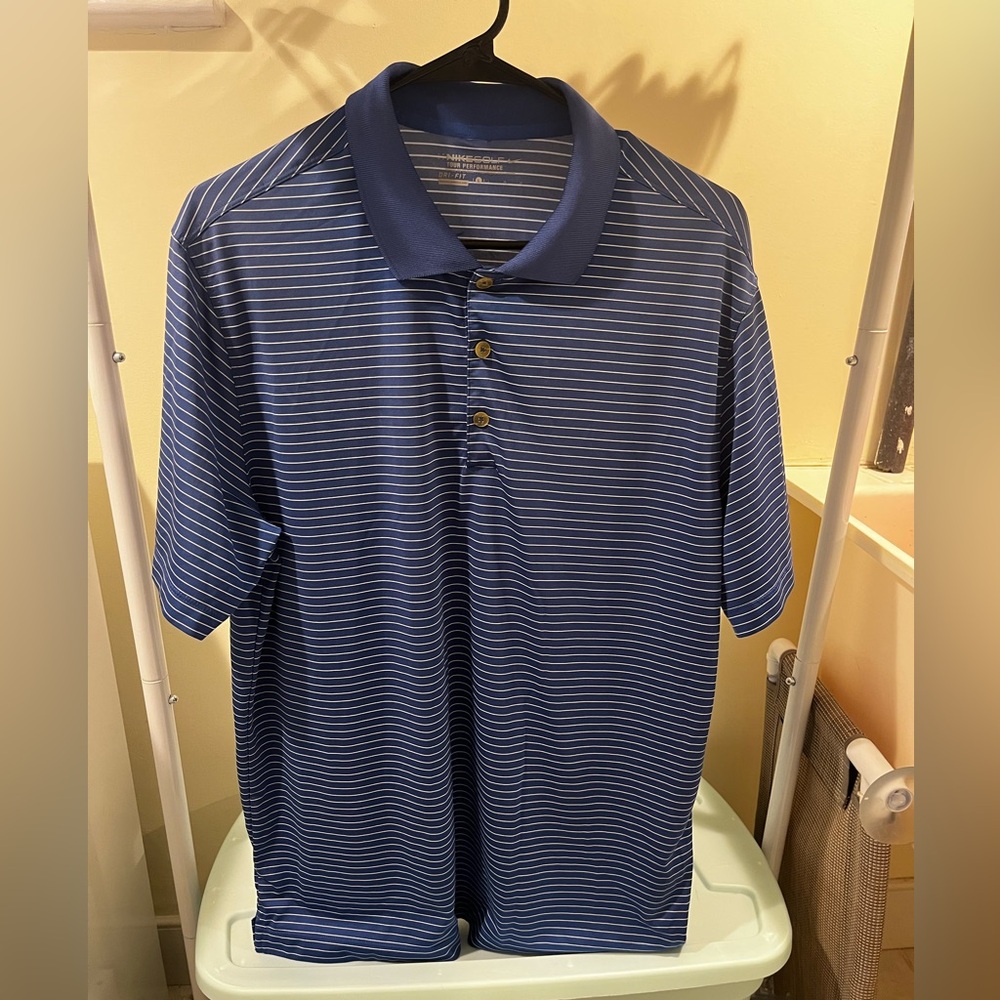 Nike Mens Blue and White Striped Golf Shirt Size Large